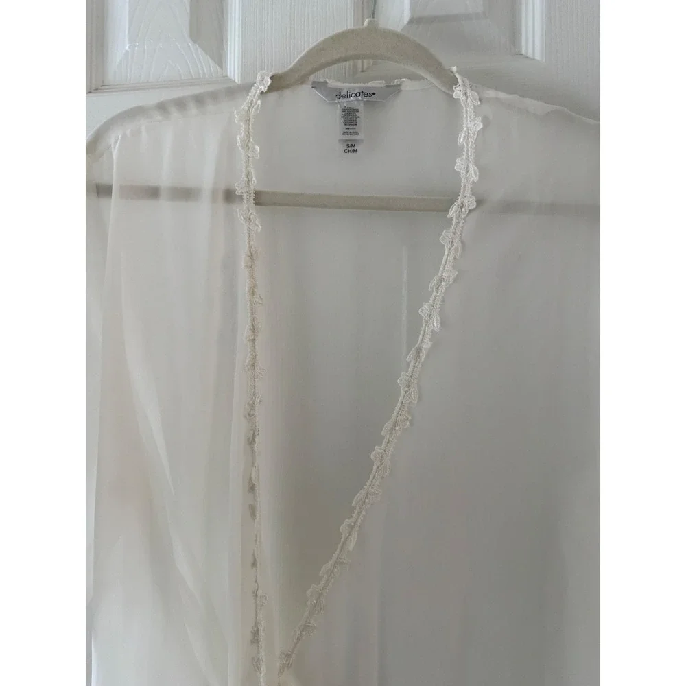 Delicates Ivory Lace Trim Sheer Robe S/M Bridal Boudoir Longline Duster